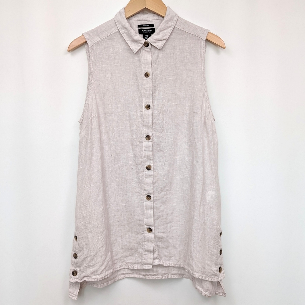 Jones New York Linen Tunic Top Button Front & Sides Sleeveless Collared Taupe M